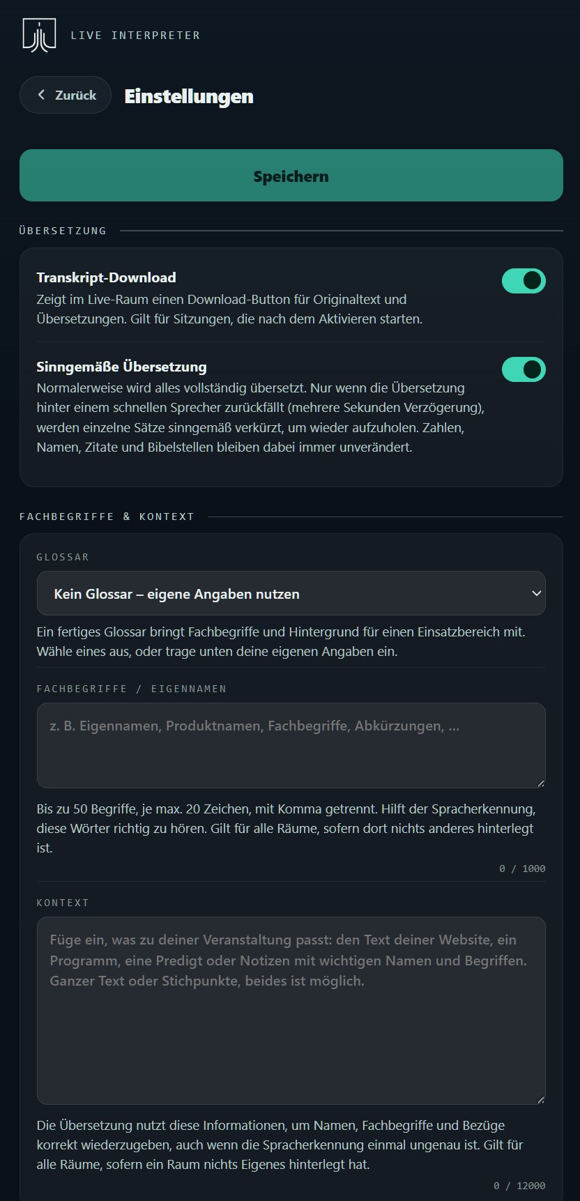 Die Einstellungen mit den Vorgaben für alle Räume