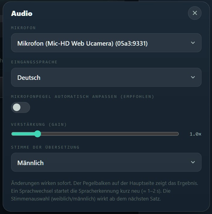 Audio-Ansicht im laufenden Raum mit Mikrofon, Eingangssprache, Pegel und Stimme