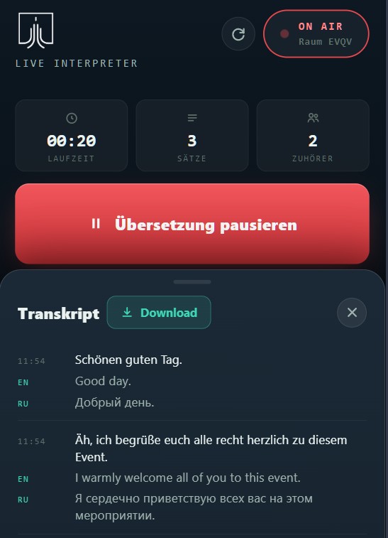 Transkript-Panel im Live-Betrieb mit „Download“-Button und Einträgen in Original- und Zielsprachen