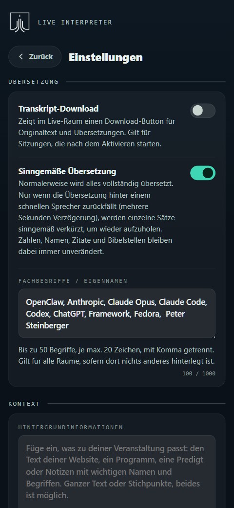 Einstellungen: Transkript-Download, sinngemäße Übersetzung und Fachbegriffe