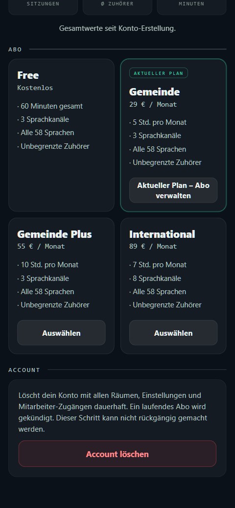 Konto-Seite mit Abo-Plänen und der Account-Löschung