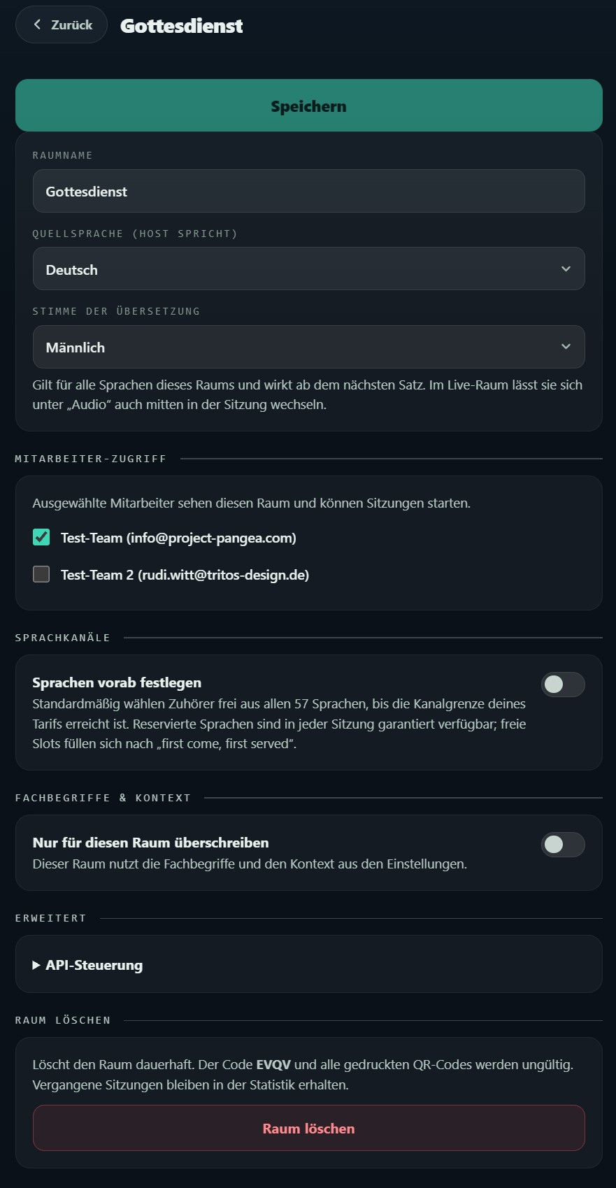Die Einstellungen eines einzelnen Raums