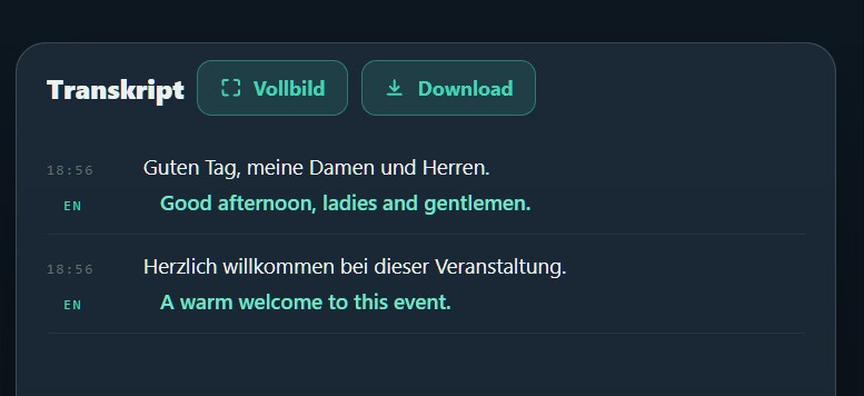 Transkript-Ansicht im Live-Betrieb mit Download-Knopf und Einträgen in Original- und Zielsprachen